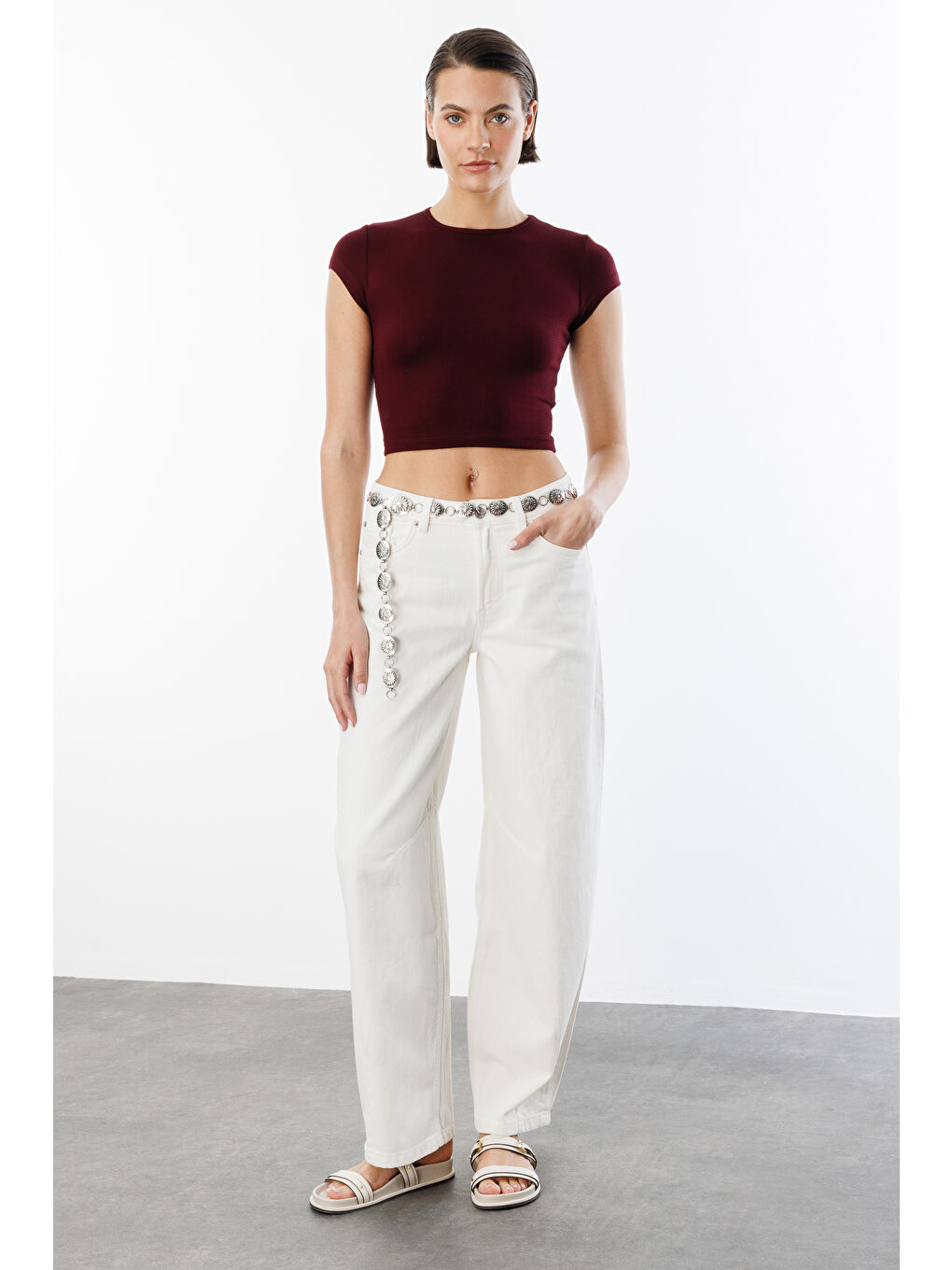 Bordo Kısa Kollu Kadın Crop T-shirt CROP-T-SHIRT-4