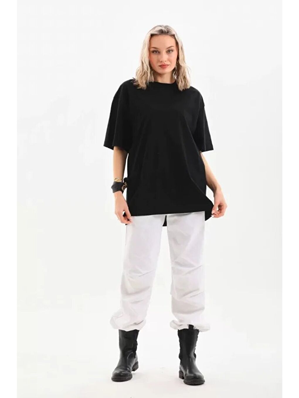 Unisex Bisiklet Yaka 20/1 Düz Oversize T-Shirt - Siyah-1