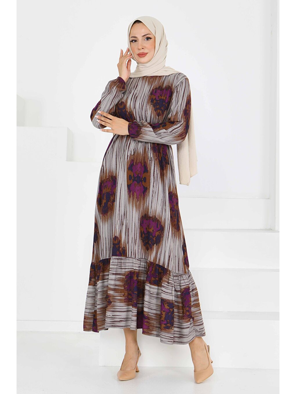 Kahverengi Desenli Kuşaklı Elbise Kahve - 27558-2