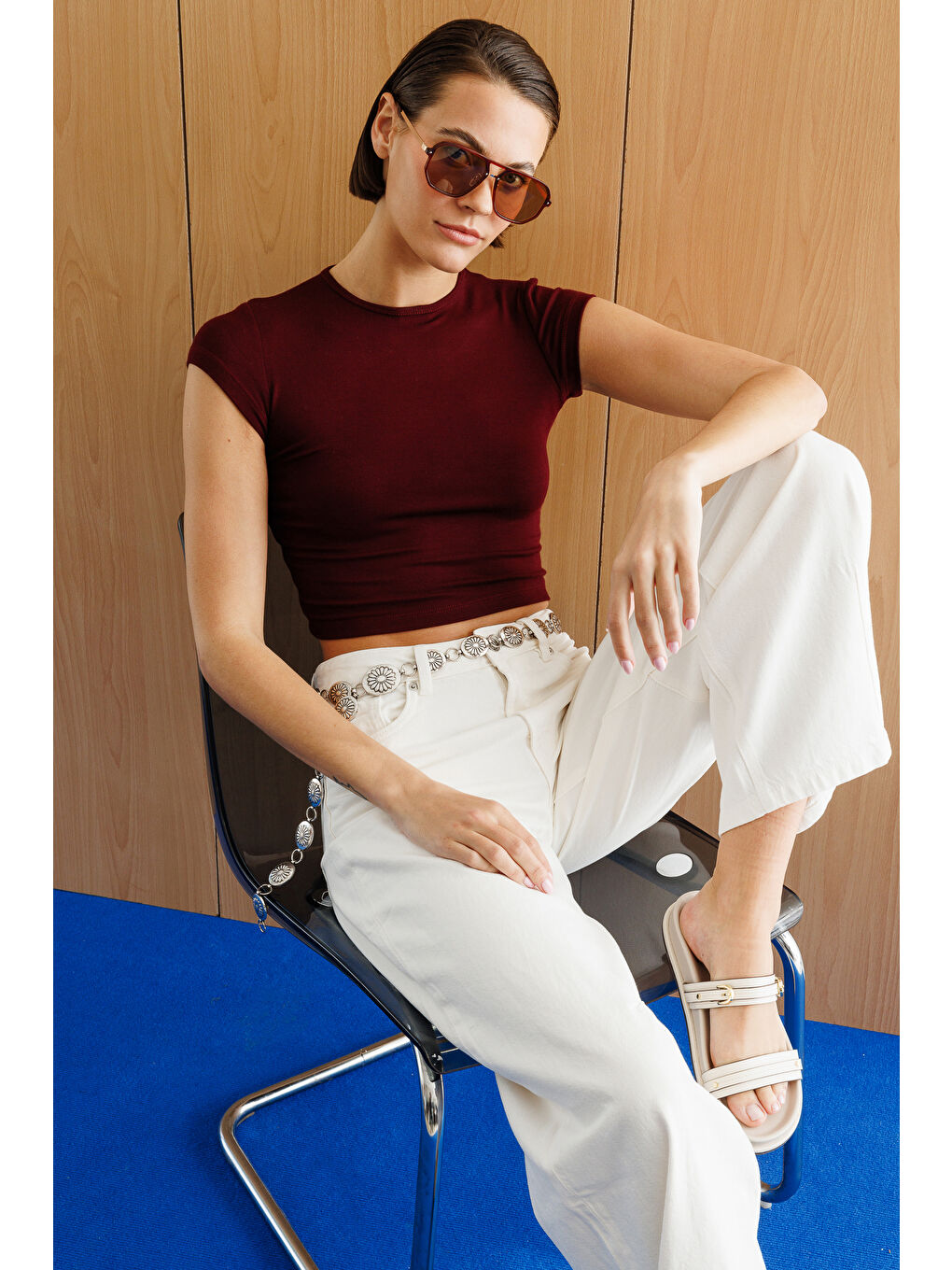 Bordo Kısa Kollu Kadın Crop T-shirt CROP-T-SHIRT-6