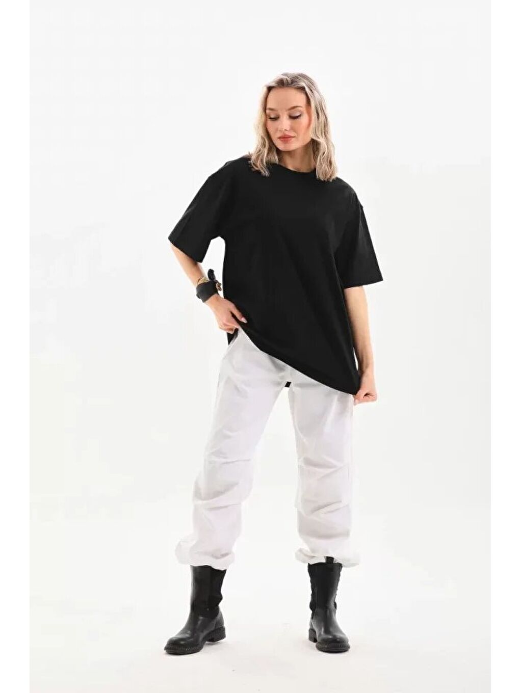 Unisex Bisiklet Yaka 20/1 Düz Oversize T-Shirt - Siyah-2