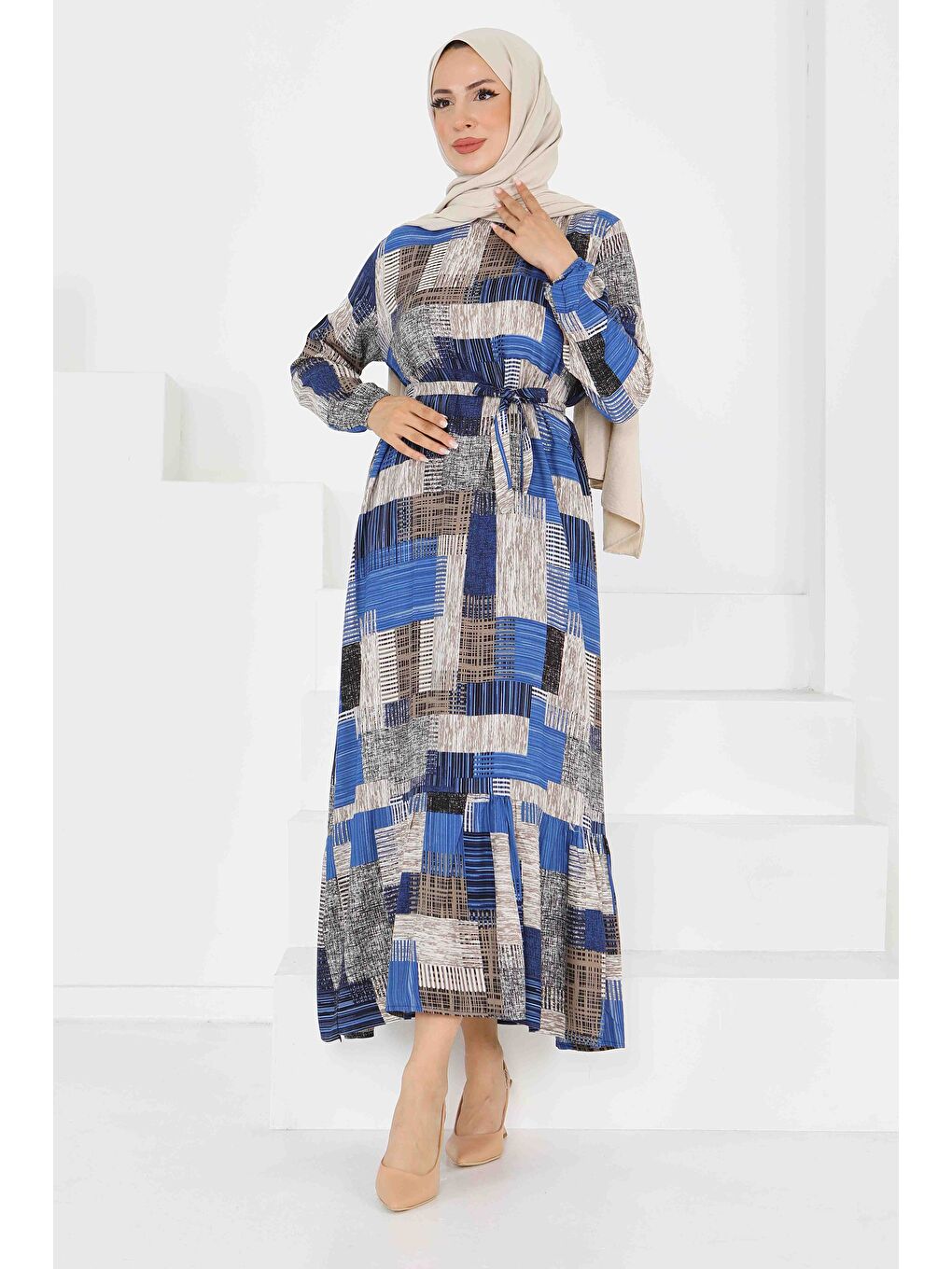 Mavi Desenli Kuşaklı Elbise Saks - 27518-2