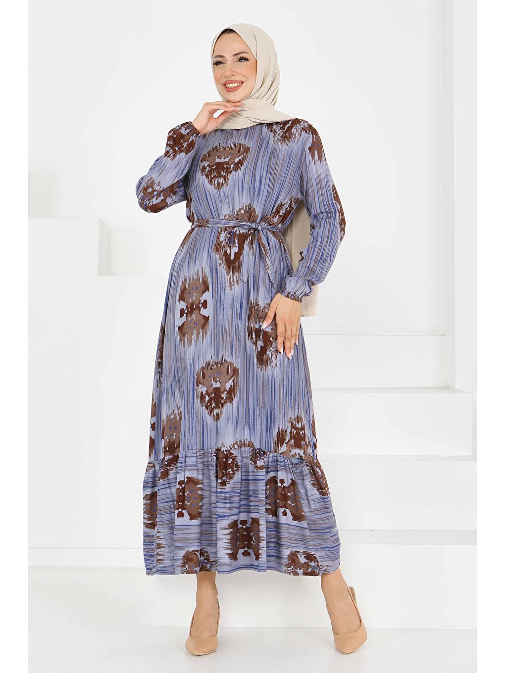 Desenli Kuşaklı Elbise Mavi - 27558-1