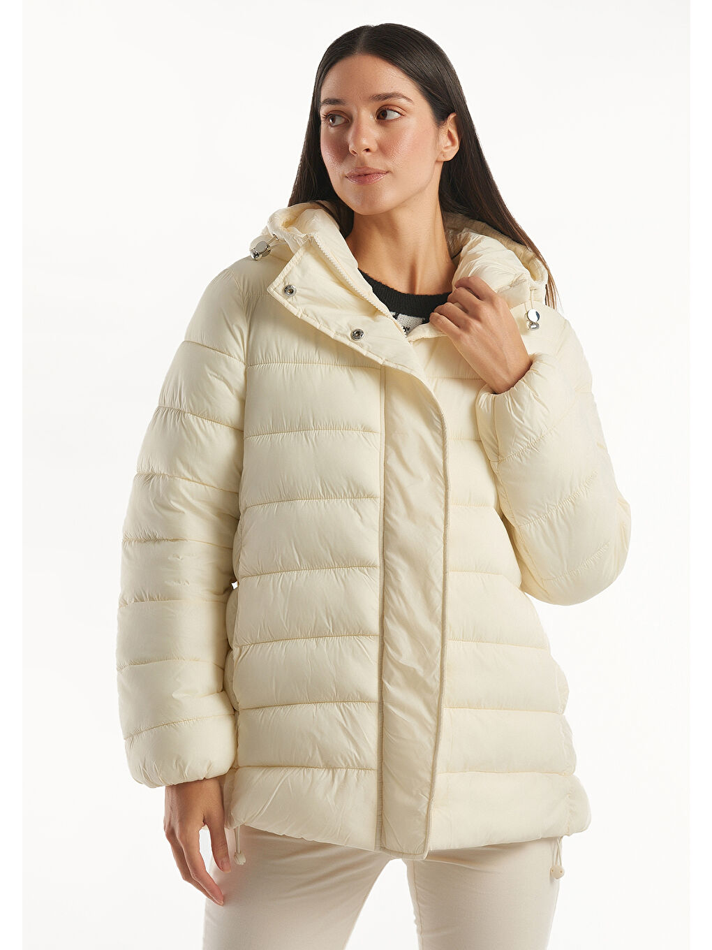 Ekru Kadın Krem  Pufa  Şişme Mont-1