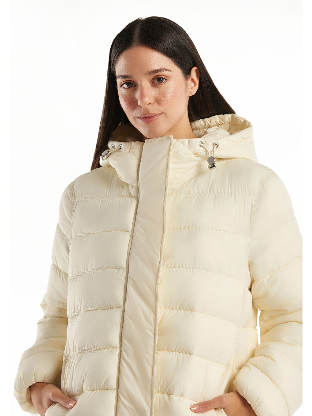 Ekru Kadın Krem  Pufa  Şişme Mont-2