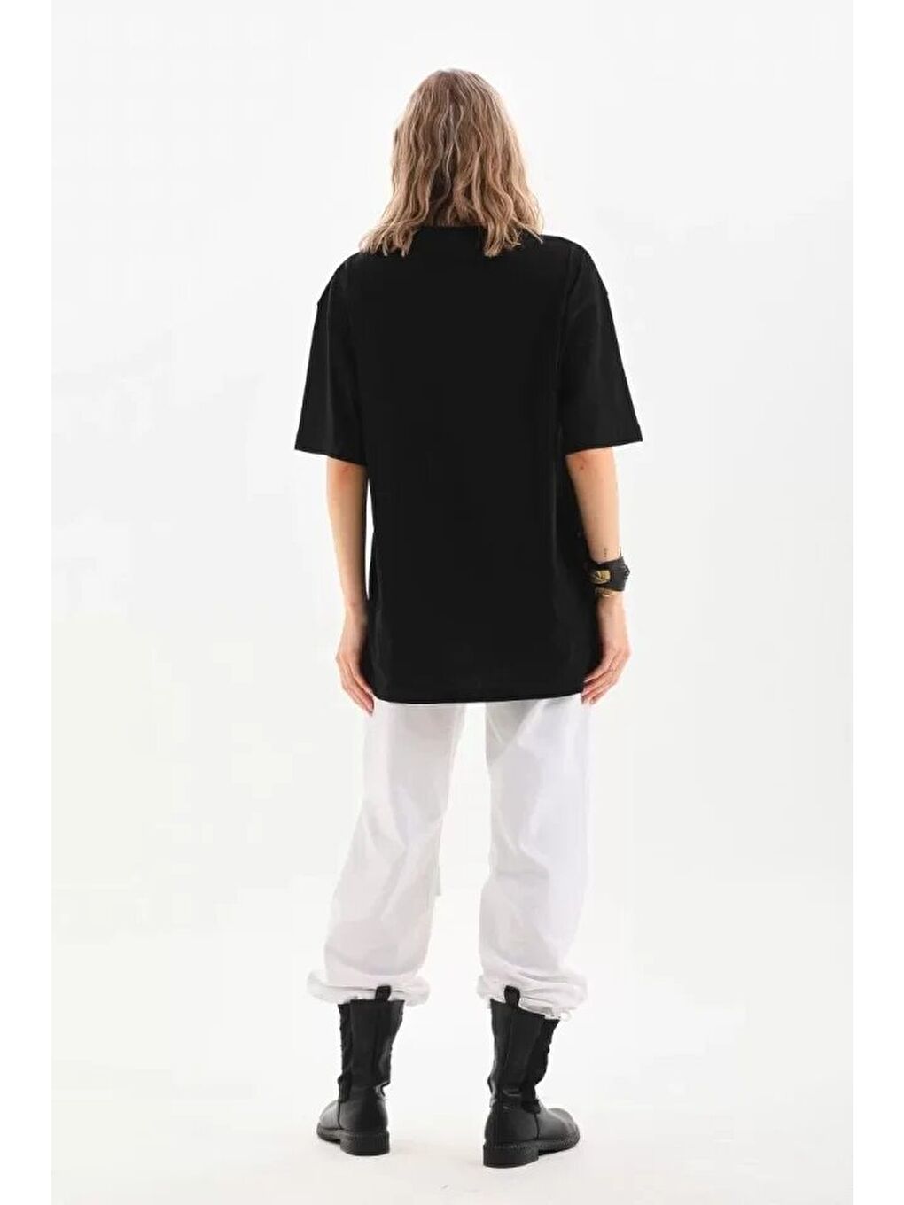 Unisex Bisiklet Yaka 20/1 Düz Oversize T-Shirt - Siyah-3