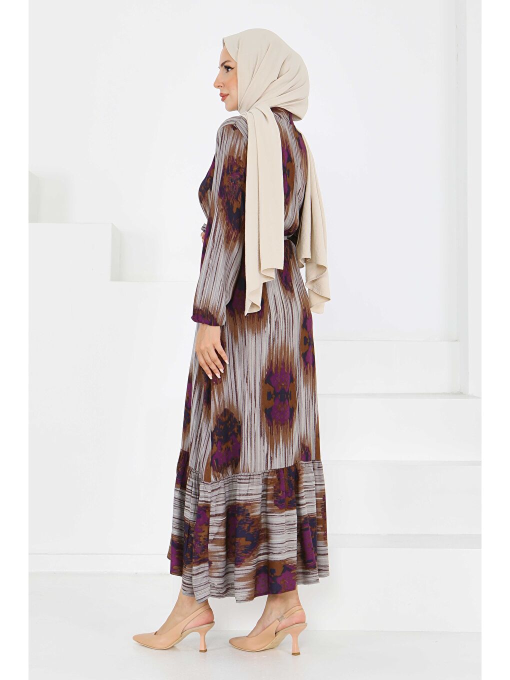 Kahverengi Desenli Kuşaklı Elbise Kahve - 27558-3