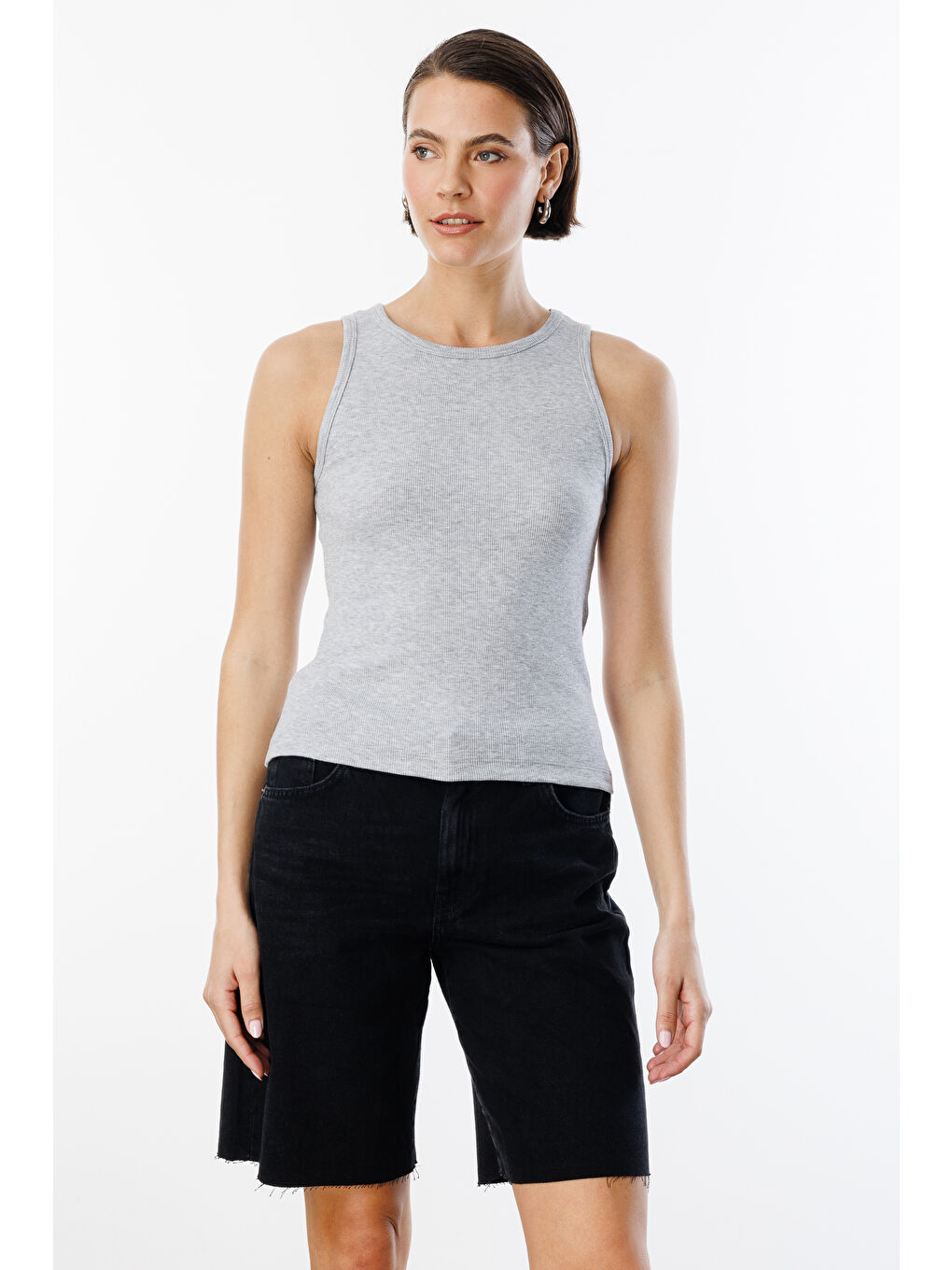 Gri Kadın Fitilli Görünümlü Kalın Askılı Basic Atlet ATLET2-3