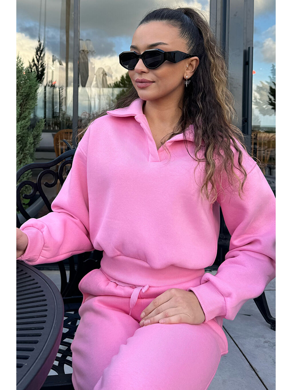 GÜLSELİ Pembe Polo Yaka Şardonlu Kadın Sweatshirt