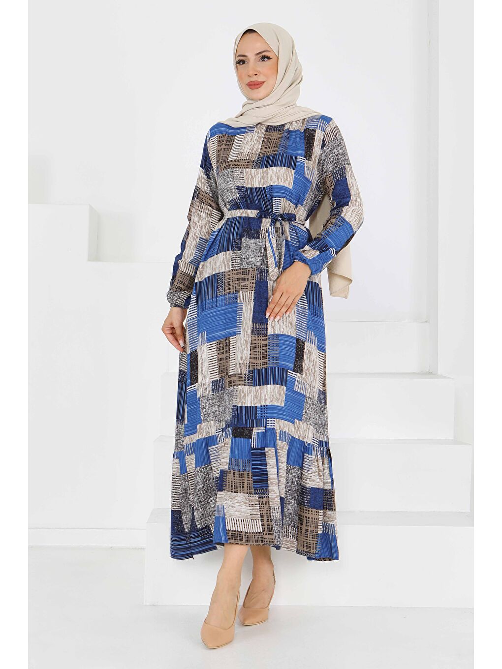 Mavi Desenli Kuşaklı Elbise Saks - 27518-3