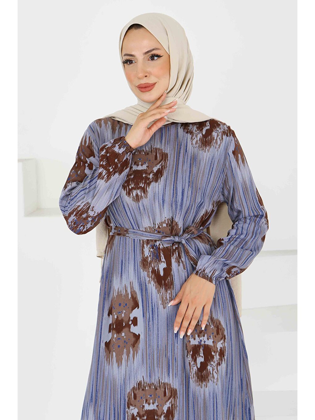 Desenli Kuşaklı Elbise Mavi - 27558-2