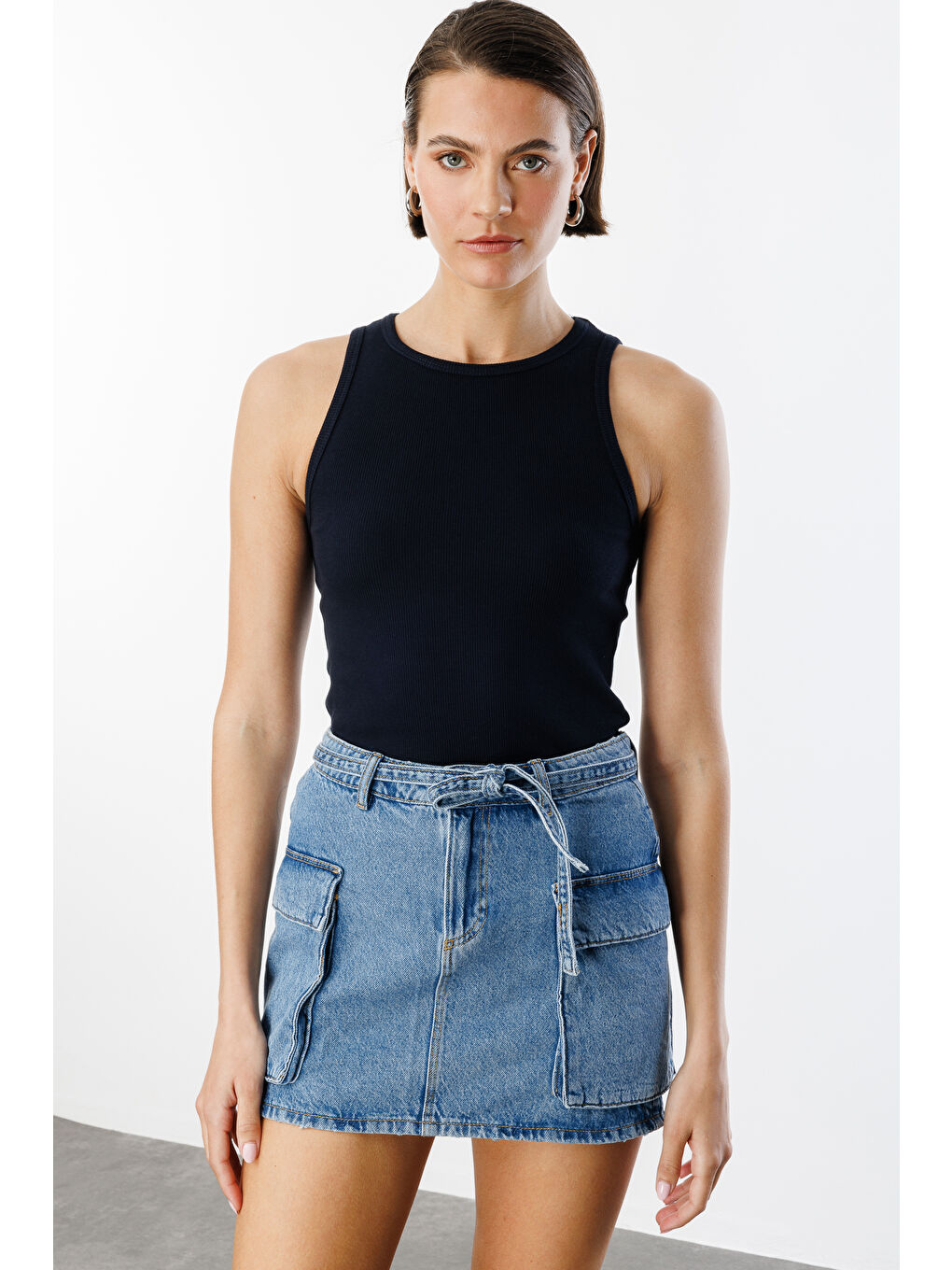 Lacivert Kadın Fitilli Görünümlü Kalın Askılı Basic Atlet ATLET2-4