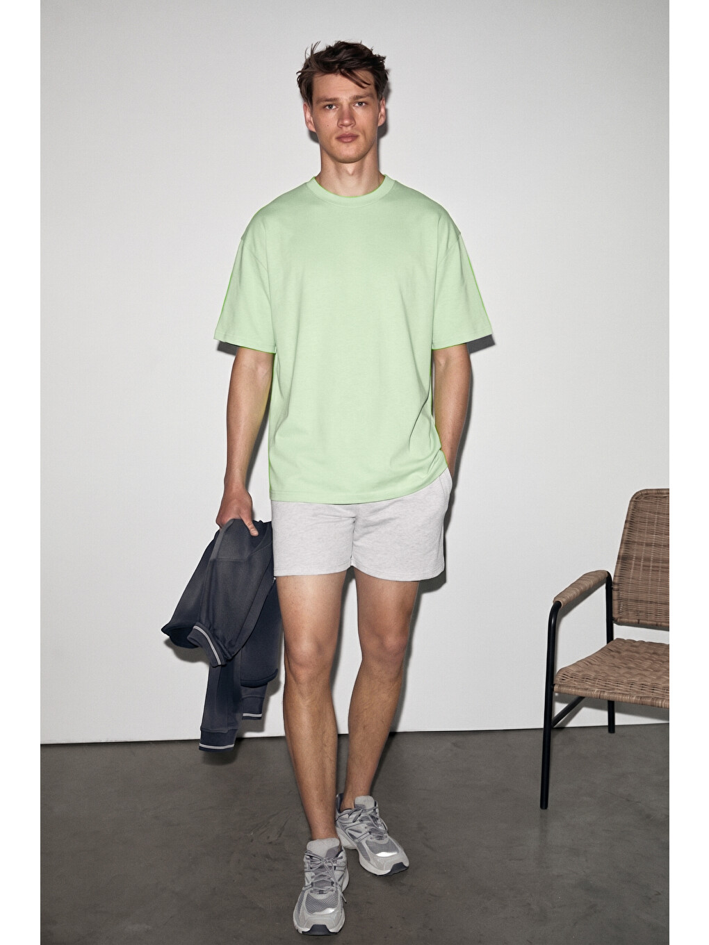 Jett Erkek Oversize Fit %100 Organik Pamuk Kalın Dokulu Bisiklet Yakalı Fıstık Yeşili T-shirt-1