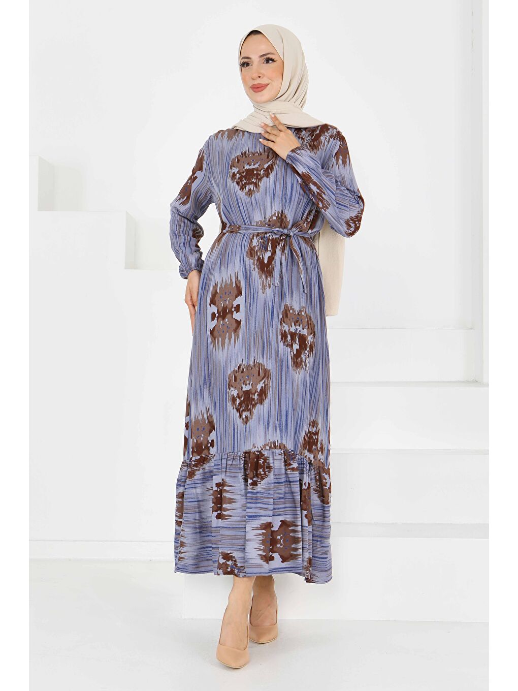 Desenli Kuşaklı Elbise Mavi - 27558-3