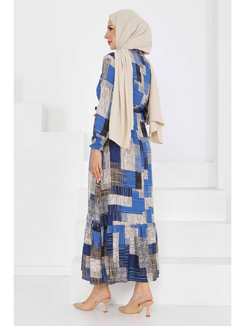 Mavi Desenli Kuşaklı Elbise Saks - 27518-4