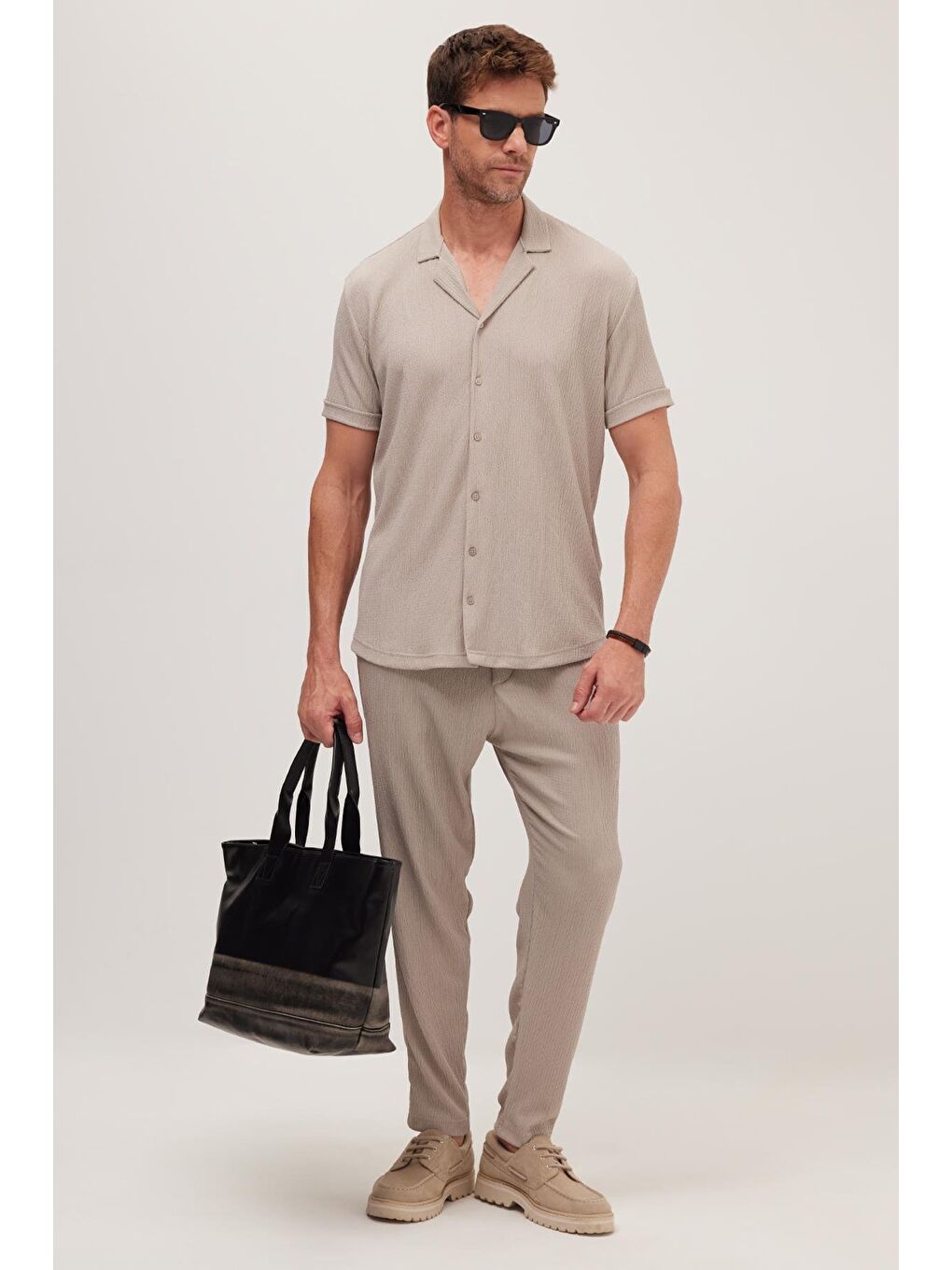 Bej Erkek Standart Fit Kısa Kollu Beli Bağcıklı Apaş Yaka Taş Gömlek Jogger Takım-3