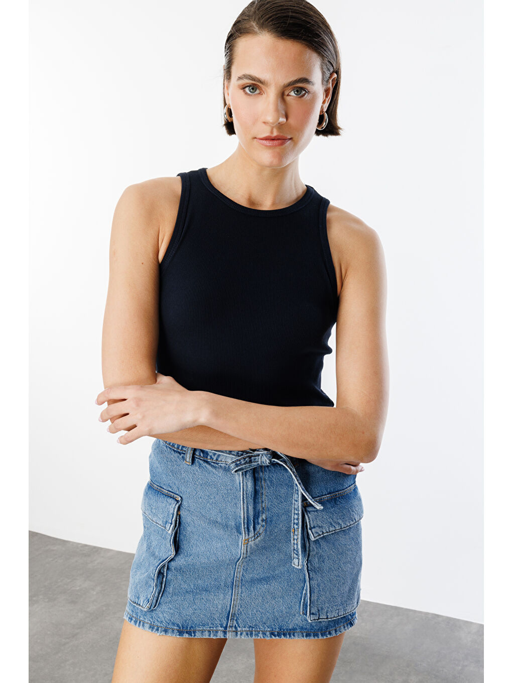 Lacivert Kadın Fitilli Görünümlü Kalın Askılı Basic Atlet ATLET2-6