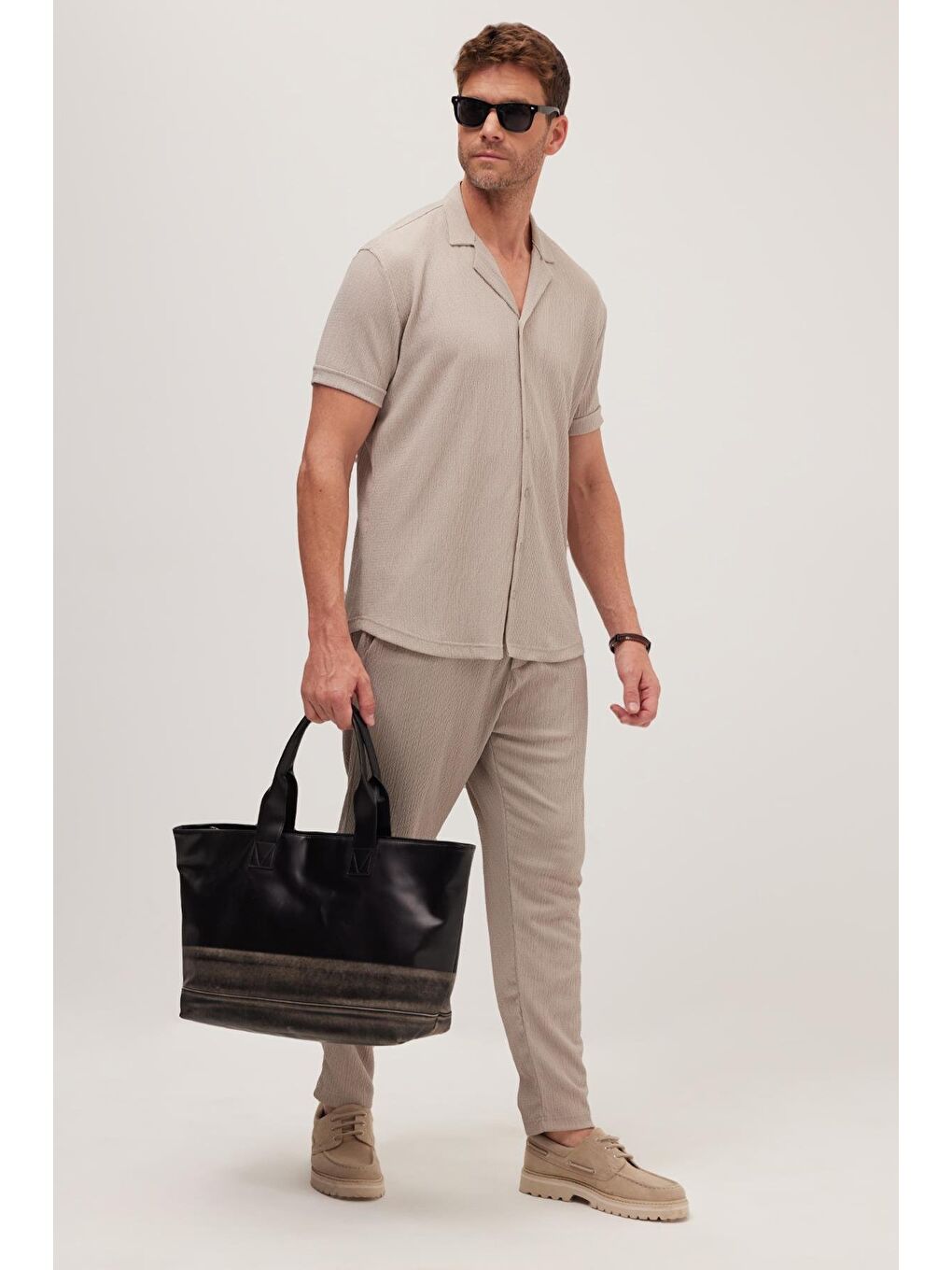 Bej Erkek Standart Fit Kısa Kollu Beli Bağcıklı Apaş Yaka Taş Gömlek Jogger Takım-4