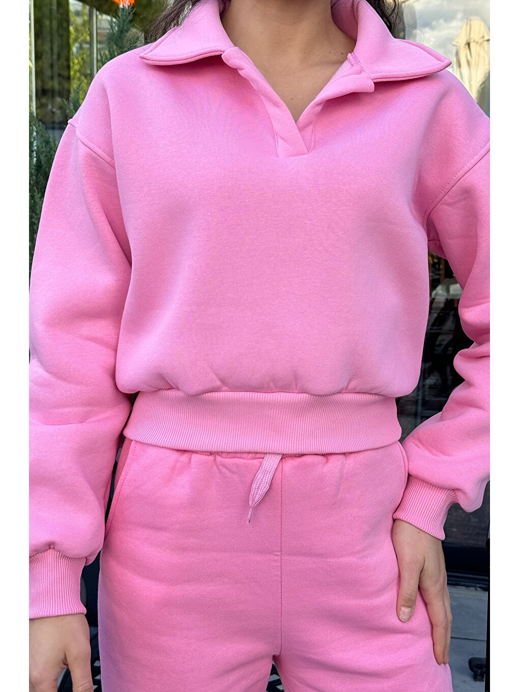 GÜLSELİ Pembe Polo Yaka Şardonlu Kadın Sweatshirt - 1