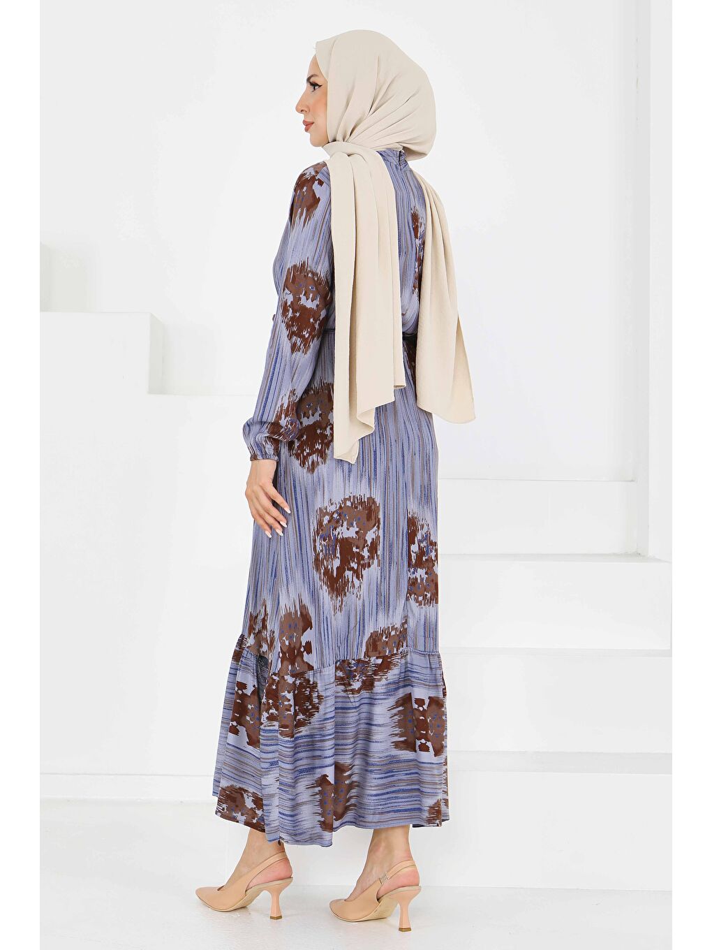 Desenli Kuşaklı Elbise Mavi - 27558-4