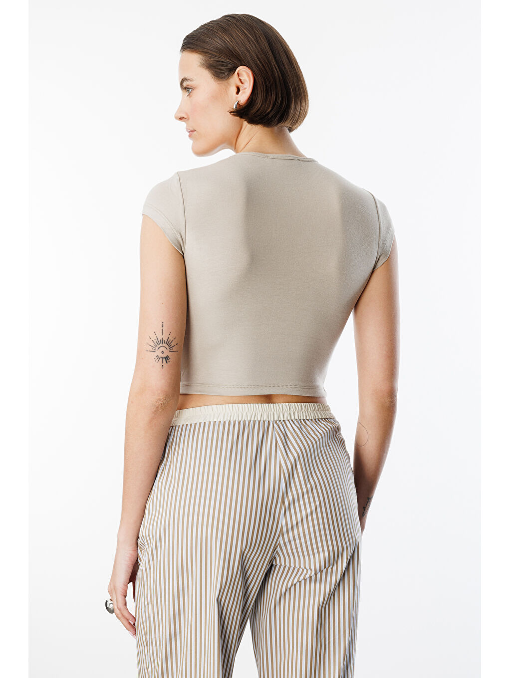 Bej Kısa Kollu Kadın Crop T-shirt CROP-T-SHIRT-5