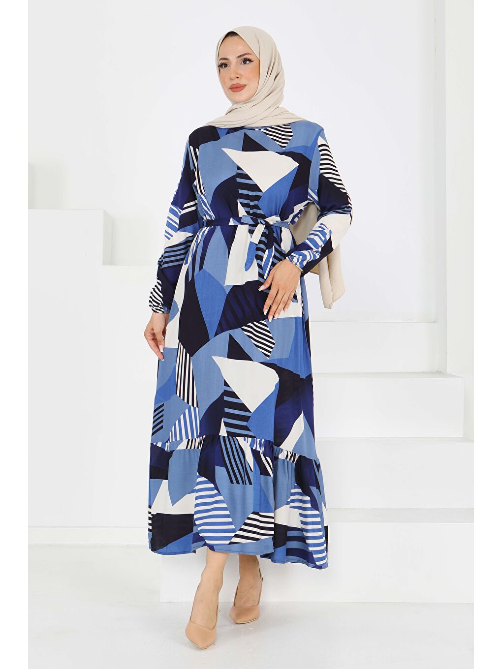 İndigo Desenli Kuşaklı Elbise Indigo - 27517