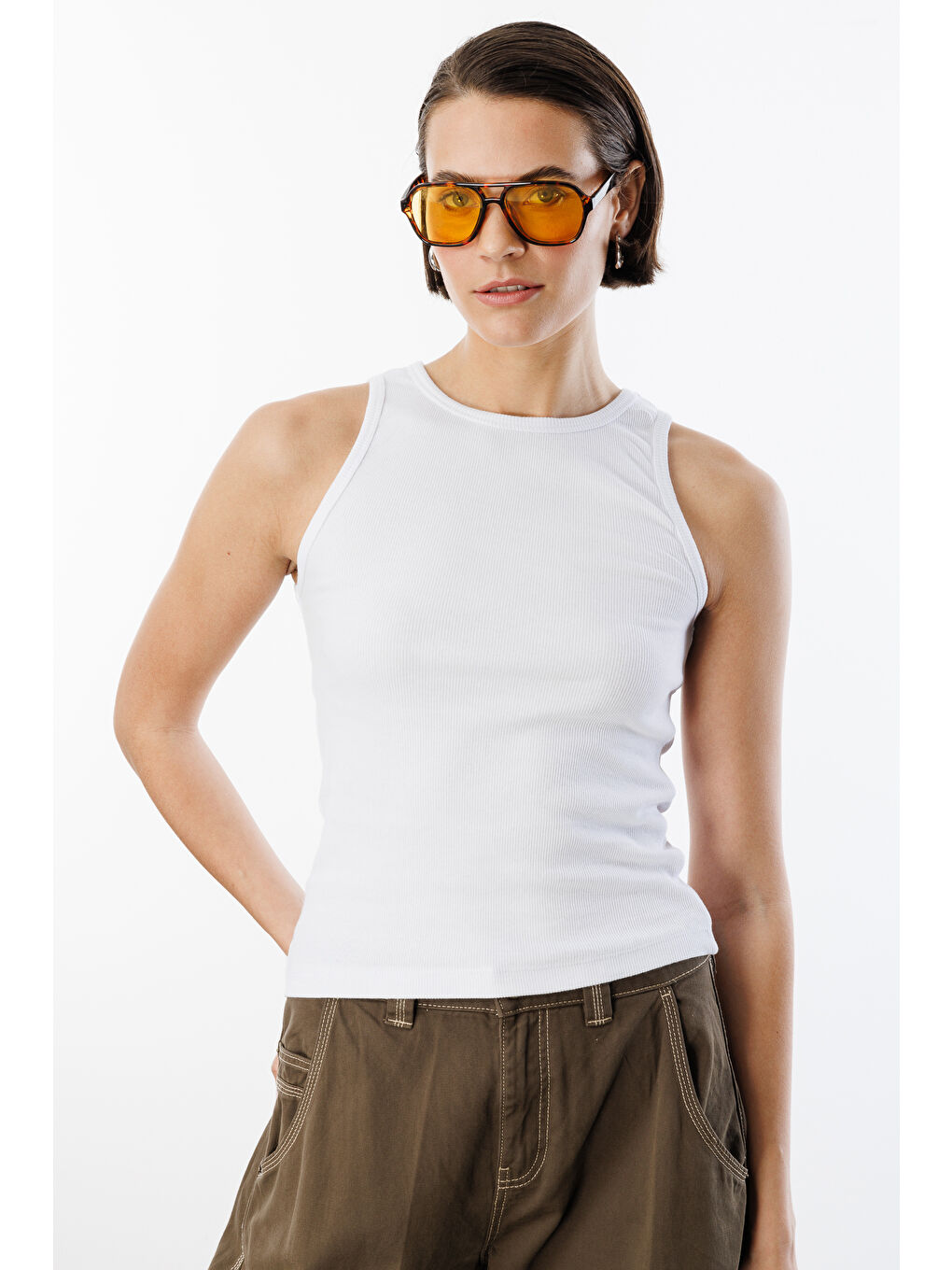 Beyaz Kadın Fitilli Görünümlü Kalın Askılı Basic Atlet ATLET2-2