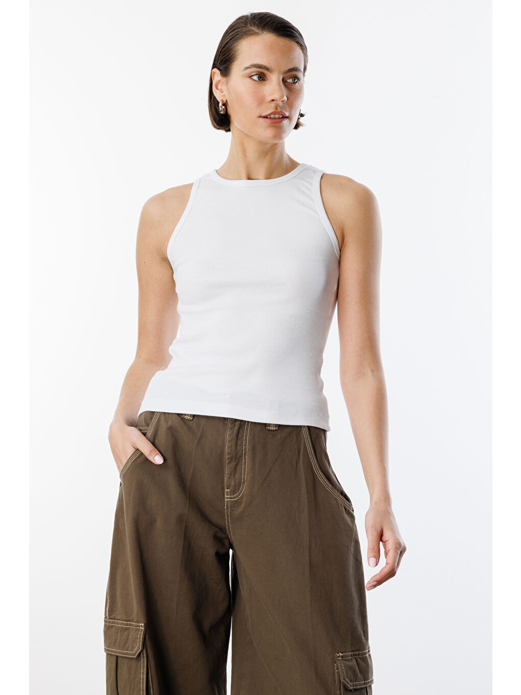 Beyaz Kadın Fitilli Görünümlü Kalın Askılı Basic Atlet ATLET2-3