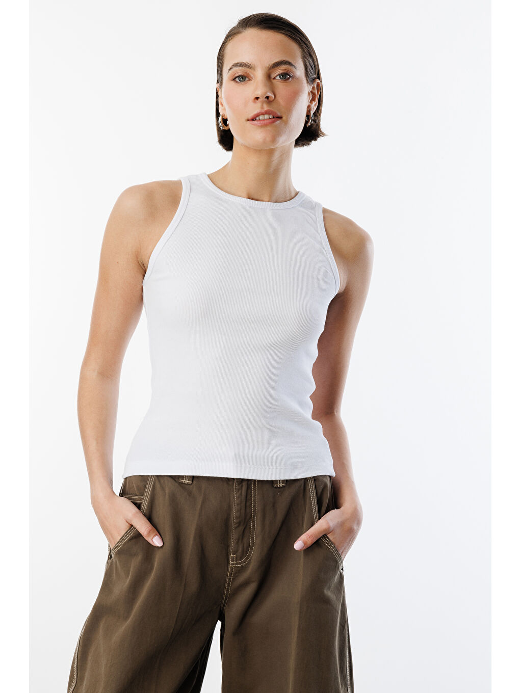 Beyaz Kadın Fitilli Görünümlü Kalın Askılı Basic Atlet ATLET2-4