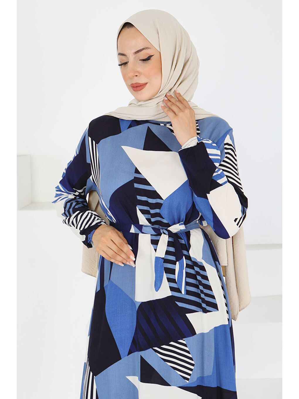 İndigo Desenli Kuşaklı Elbise Indigo - 27517-1