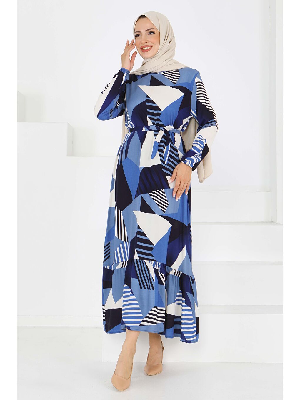 İndigo Desenli Kuşaklı Elbise Indigo - 27517-2