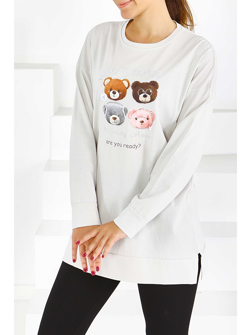 Bej Uzun Kollu Baskılı Süprem Tunik Taş - 27590-1