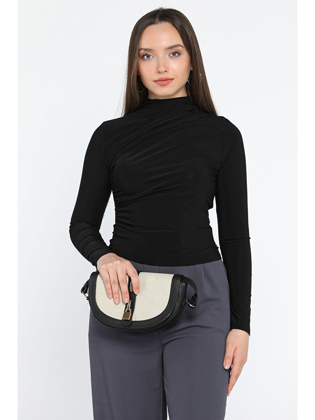 Siyah Kadın Bel Ve Omuz Drapeli Bluz