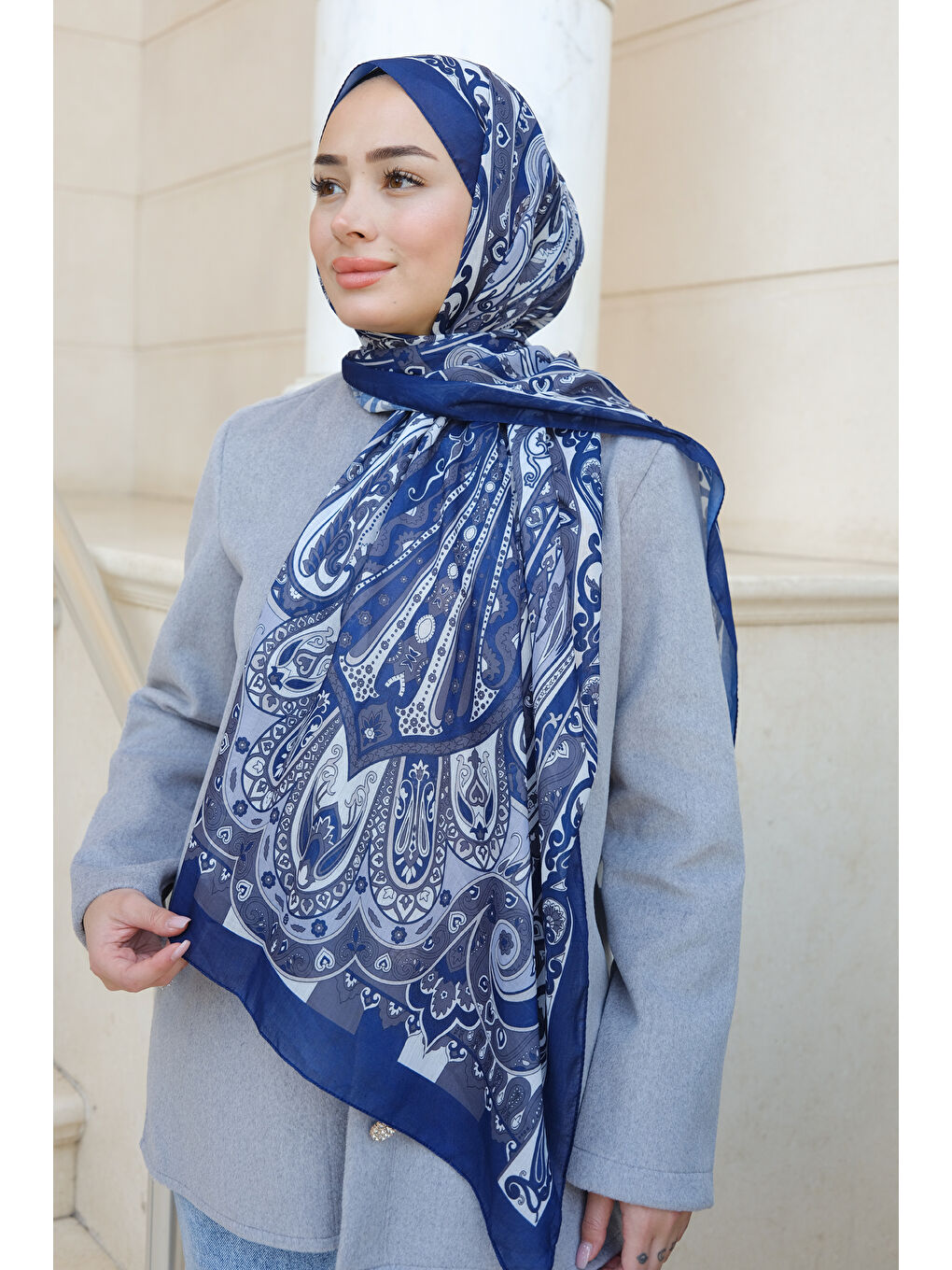 Etnik Desenli Şal Lacivert-2