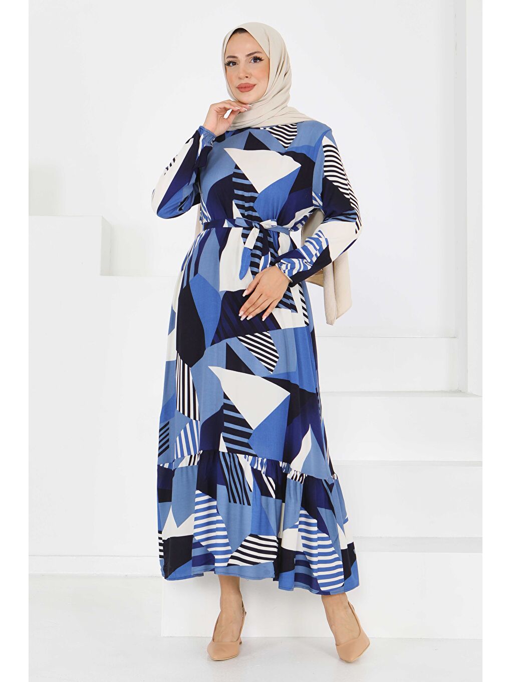 İndigo Desenli Kuşaklı Elbise Indigo - 27517-3