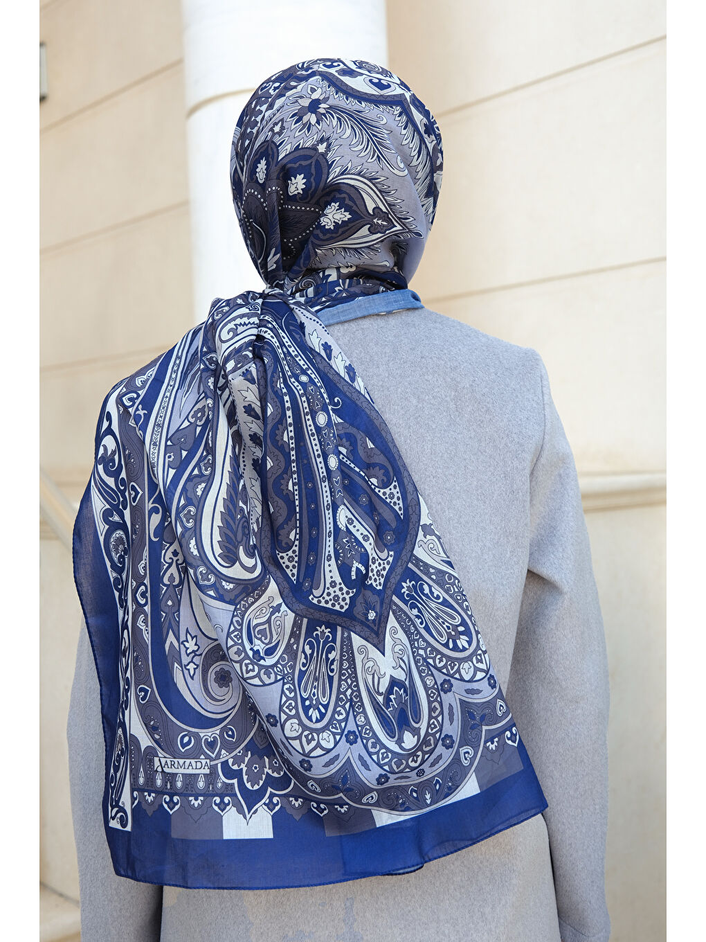 Etnik Desenli Şal Lacivert-3