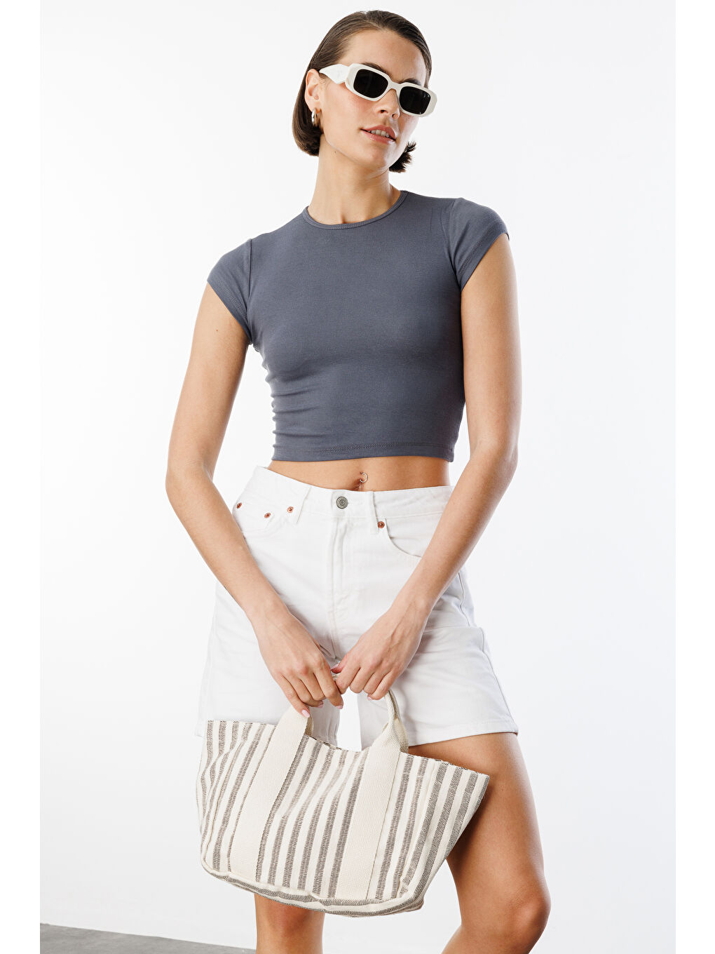 Gri Kısa Kollu Kadın Crop T-shirt CROP-T-SHIRT-4