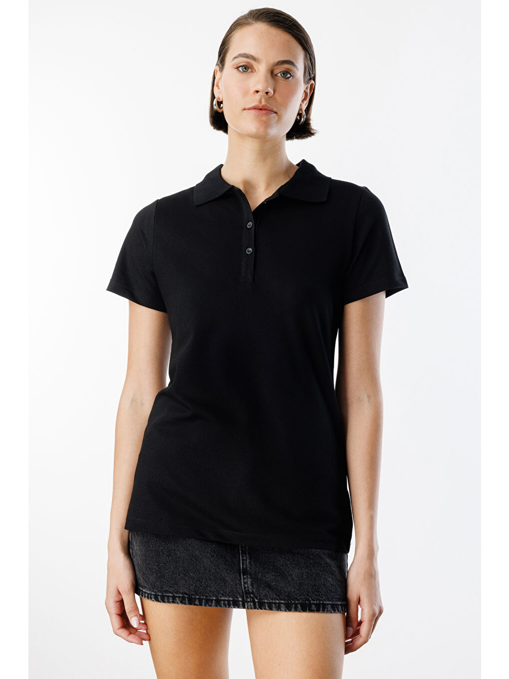 Siyah Kadın Basic Polo Yaka Tişört KADIN-POLOYAKA-3