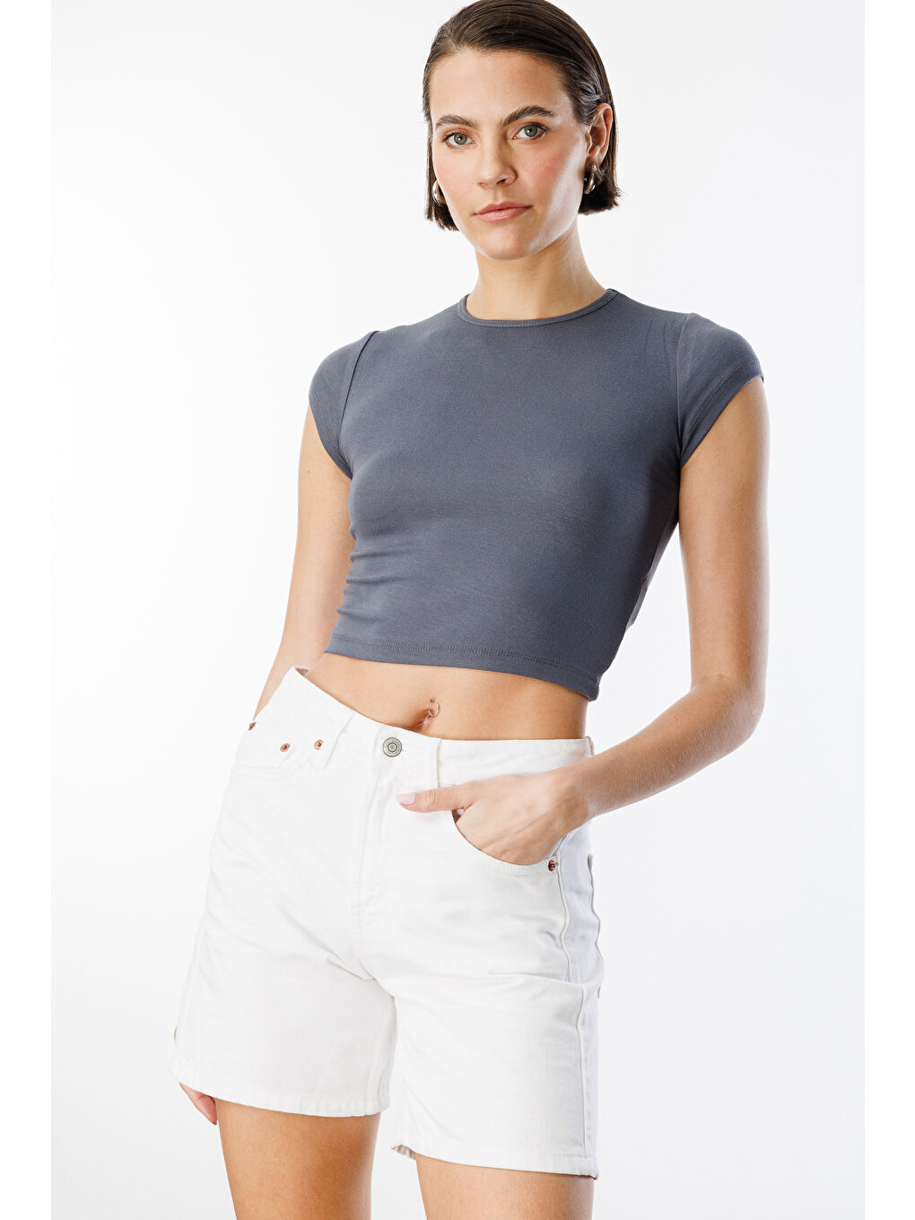 Gri Kısa Kollu Kadın Crop T-shirt CROP-T-SHIRT-5