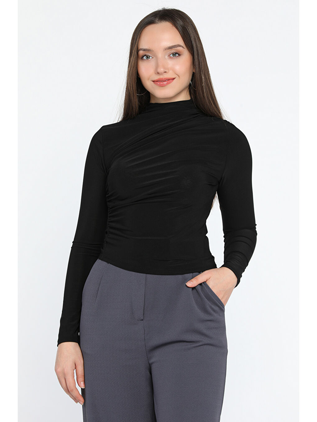 Siyah Kadın Bel Ve Omuz Drapeli Bluz-1