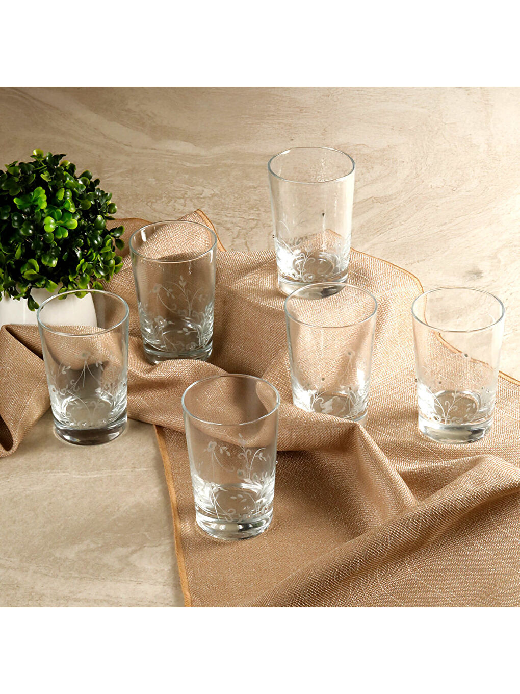 Ekru Cam Taşlı 6 lı Su Bardağı 11187