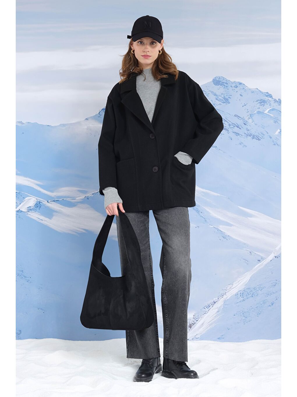 Geniş Yaka Kaşe Kaban Siyah