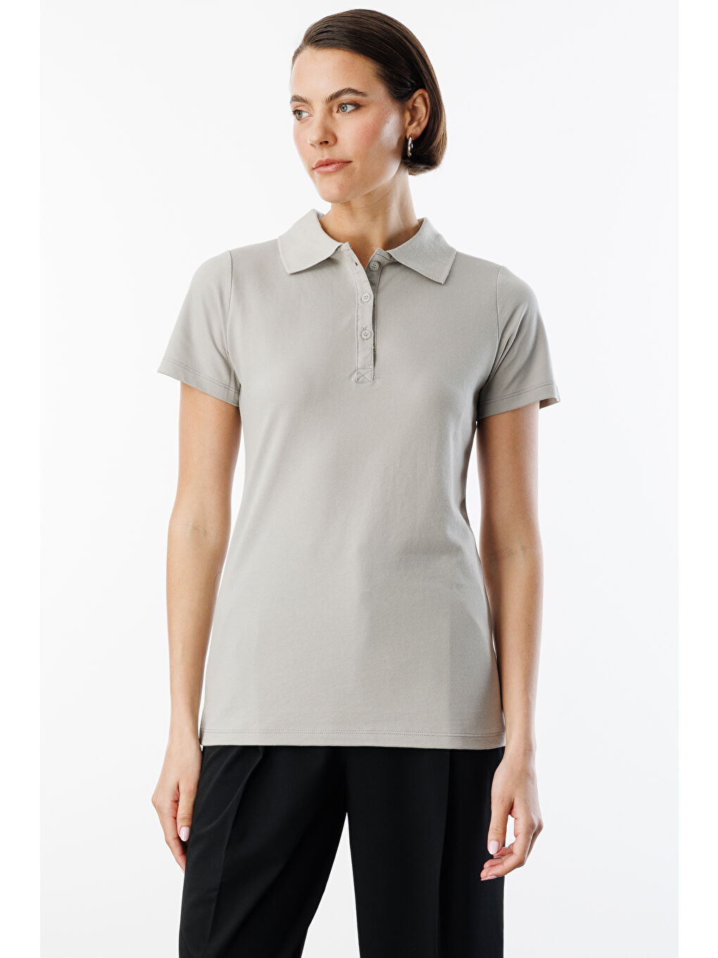 Gri Kadın Basic Polo Yaka Tişört KADIN-POLOYAKA-2