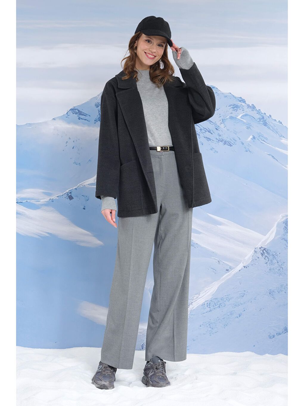 Geniş Yaka Kaşe Kaban Antrasit-2