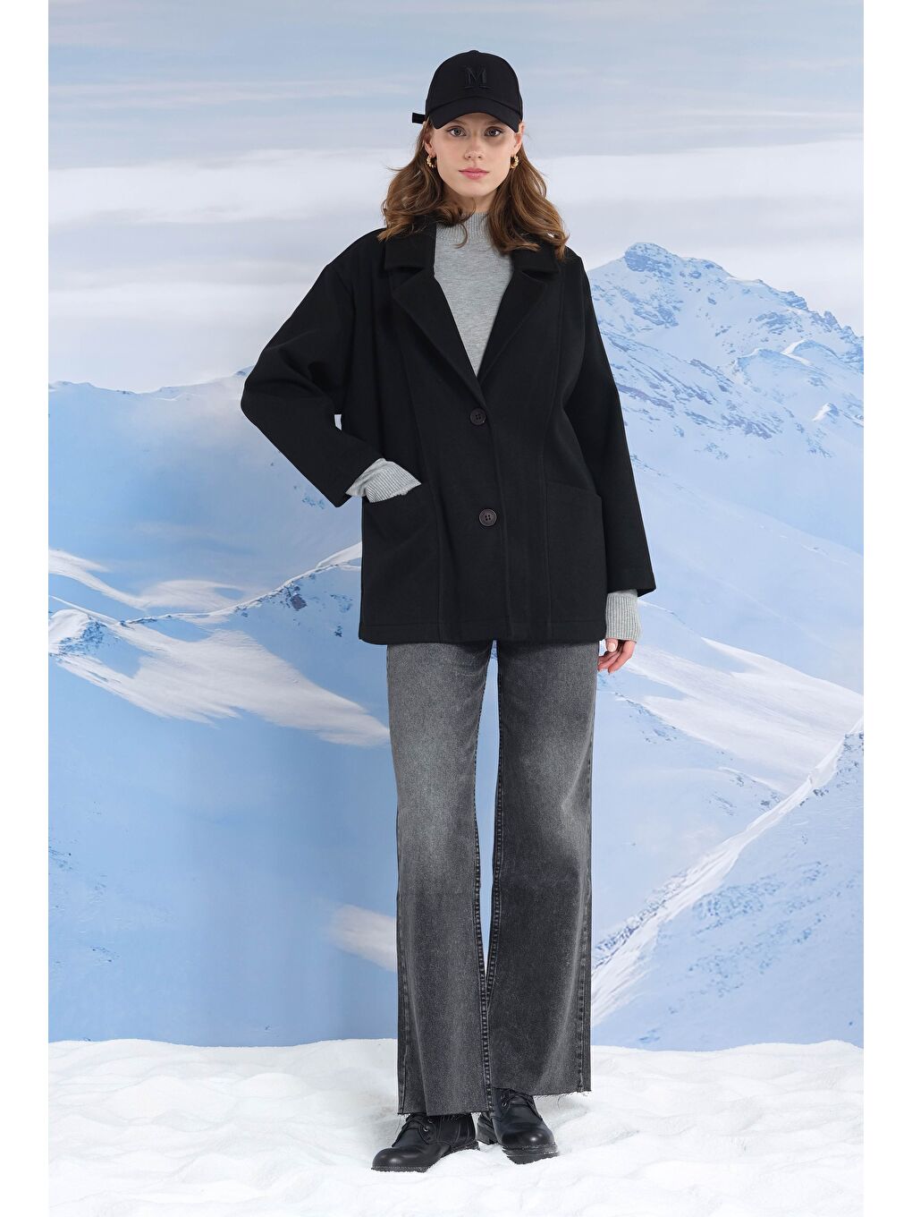 Geniş Yaka Kaşe Kaban Siyah-1