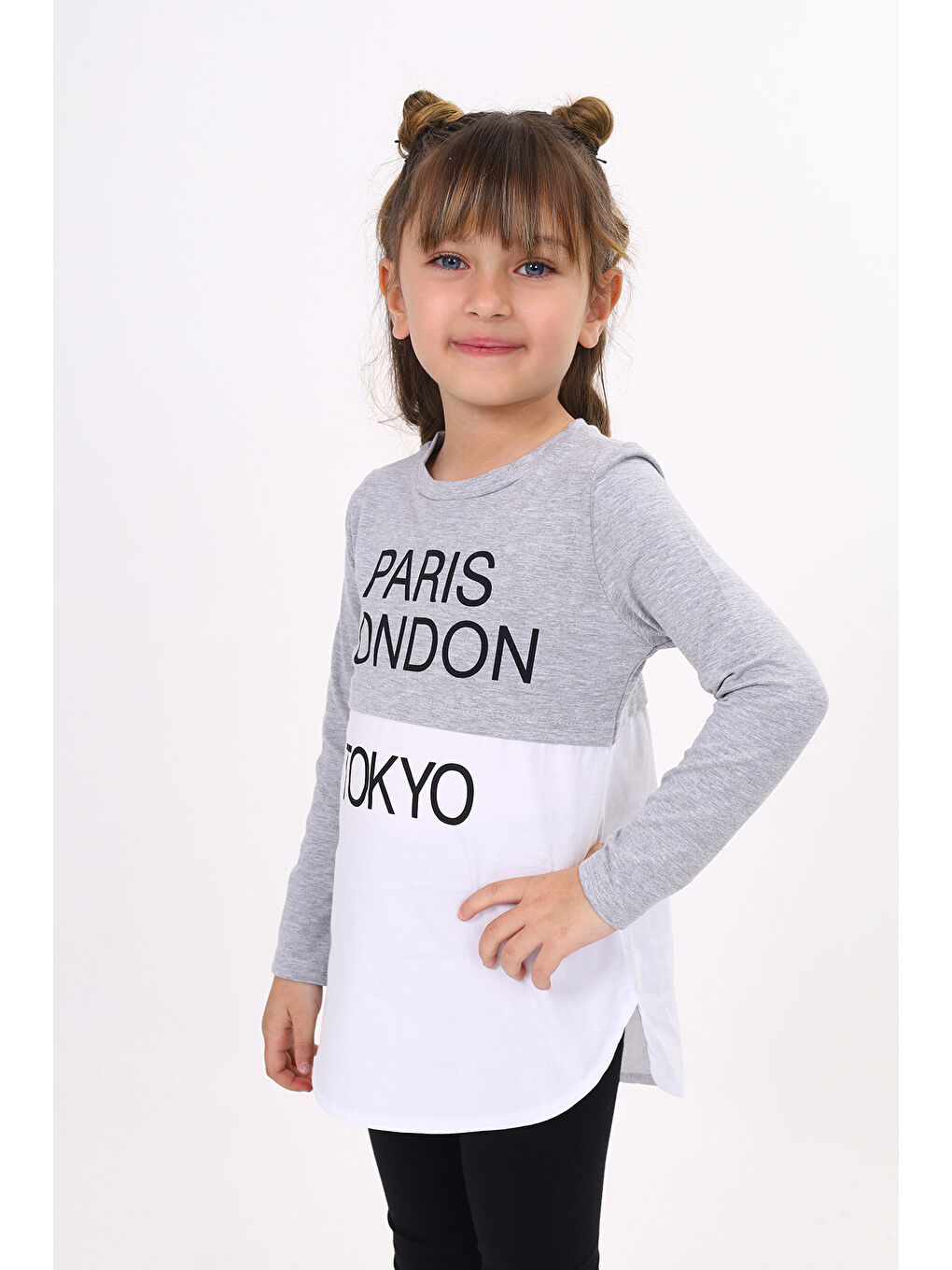 Gri Kız Çocuk Paris London Baskılı T-Shirt-1