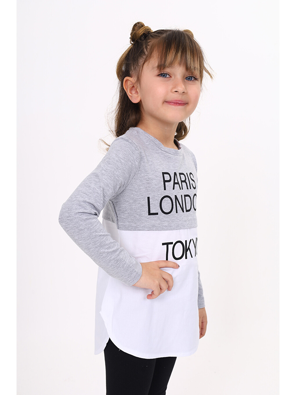 Gri Kız Çocuk Paris London Baskılı T-Shirt-2