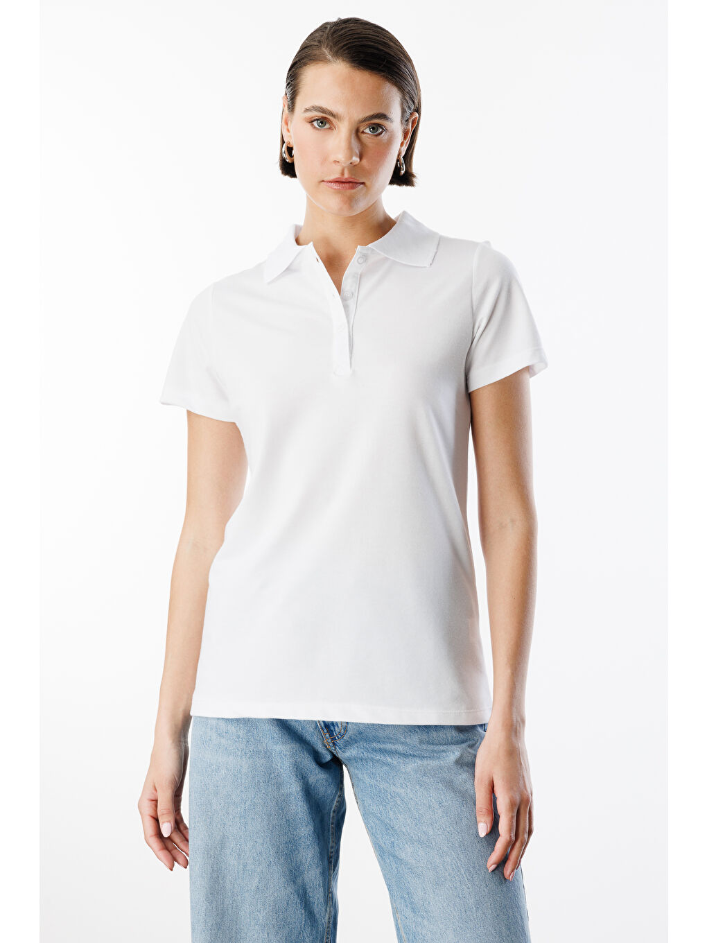 Beyaz Kadın Basic Polo Yaka Tişört KADIN-POLOYAKA-1
