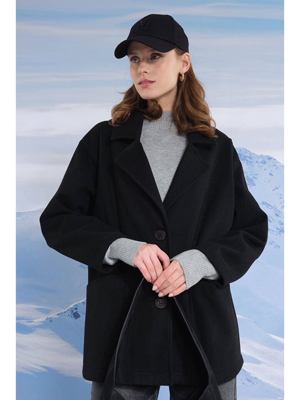 Geniş Yaka Kaşe Kaban Siyah-3