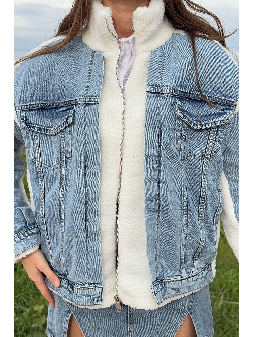 Beyaz Kadın Jean Garnili Pelüş Ceket-2